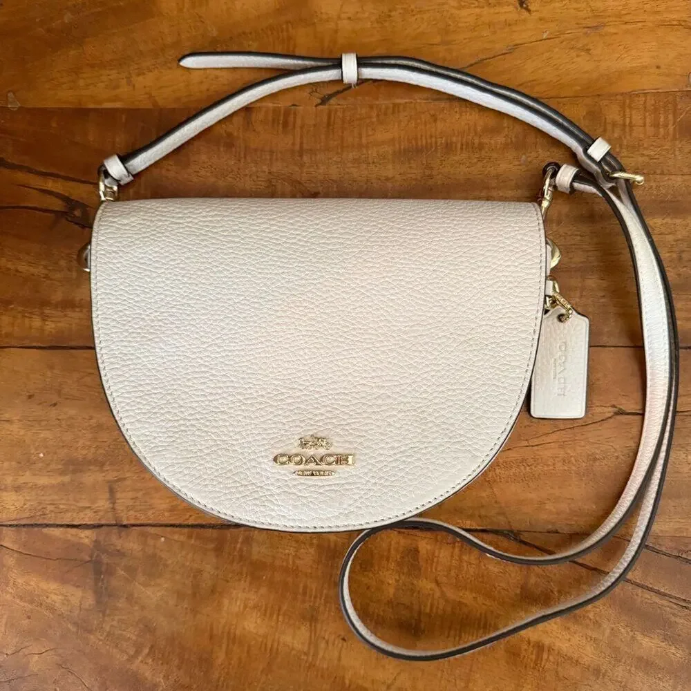 Coach Pebbled Leather Half Moon Saddle Crossbody Bag Chalk Cream Gold Hardware